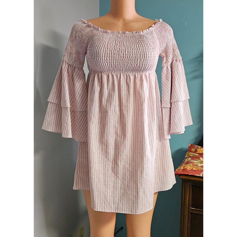 Paper Heart Mini Dress Women Size M Pink Striped Smocked Tiered Bell Sleeve Boho